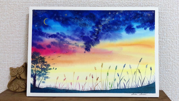キラキラ星空 真珠光沢水彩原画 ギフト イラスト 夏 絵画 Annie