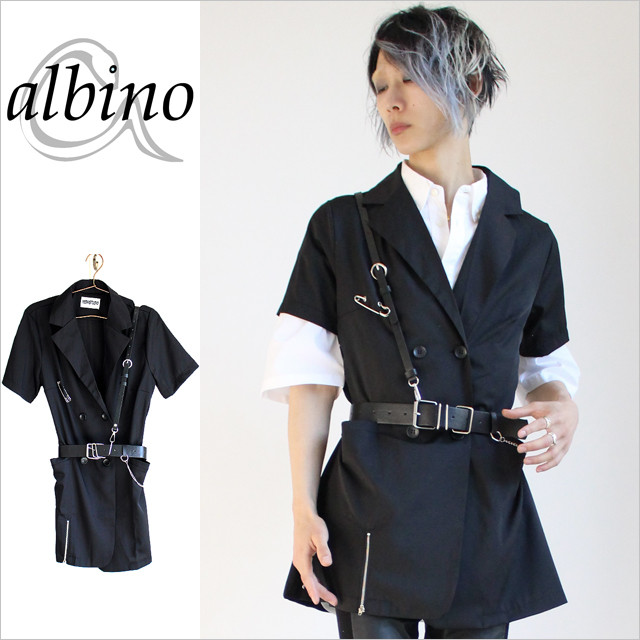 肩紐×チェーン×ベルト付きロングジャケット ジャケット albino