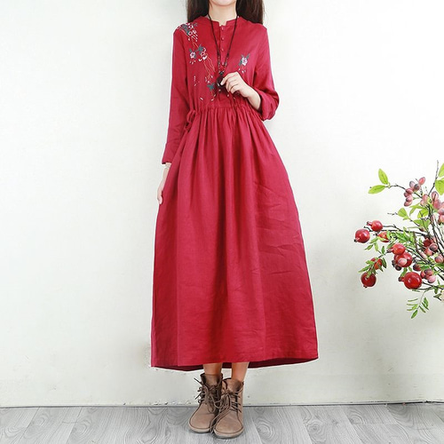 美品 ネストローブ 麻100% 長袖ワンピース 羽織り 赤 ゆったりめ 日本製 ネストローブ 日本製 麻100% リネンギャザーワンピース Vネック