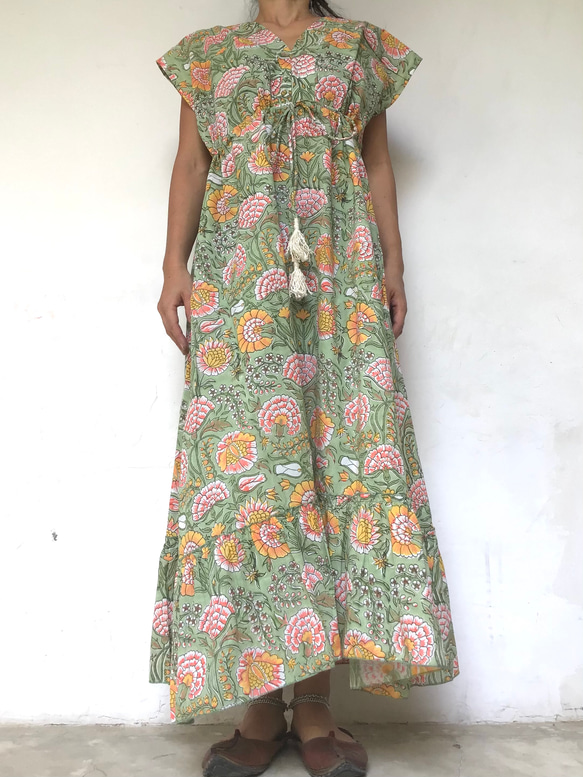 4 ブロックプリント サマードレス ★インド綿 ワンピース フリーサイズ マキシ丈 2枚目の画像