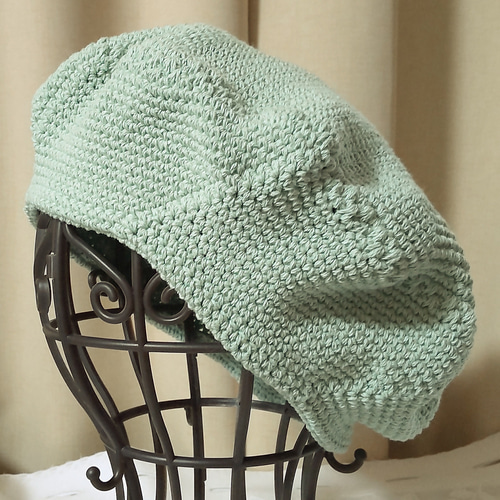 細編みのぽこぽこベレー〈コットン〉ミントグリーン ベレー帽