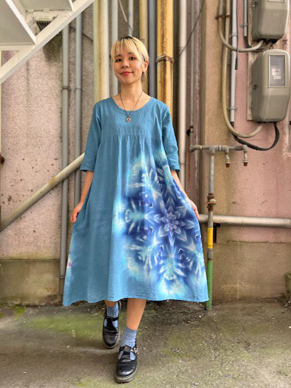 紮染染色長裙 Hippies Dye 最新作品 優雅的藍綠色搭配美麗的雪花 HD16-5 第10張的照片