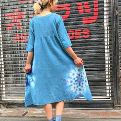 タイダイ染め　ロングワンピース　Hippies Dye最新作　 上品なティールブルーに美しいスノーフレイク HD16-5 4枚目の画像