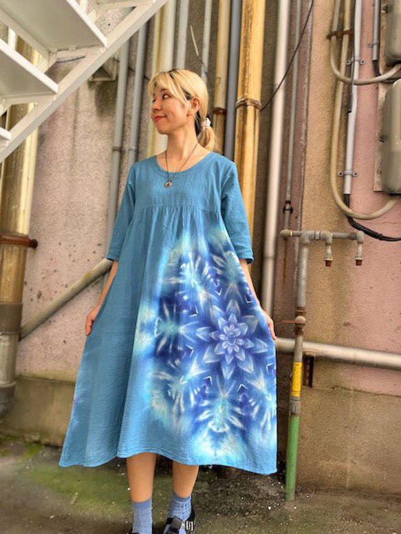 紮染染色長裙 Hippies Dye 最新作品 優雅的藍綠色搭配美麗的雪花 HD16-5 第6張的照片