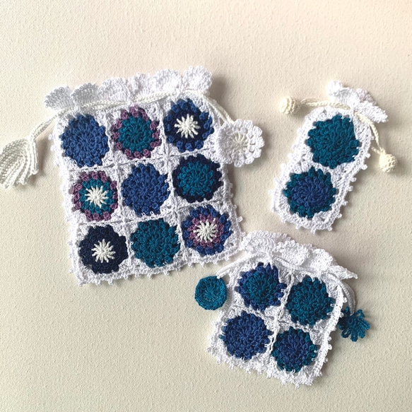 3点セット】コットンレース糸 モチーフ編みの巾着 かぎ針編み