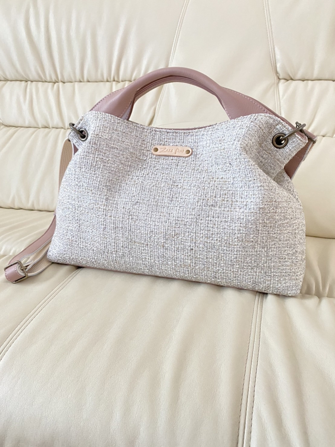 新色　日本製 Zess fino   ツイード×本革トート 2WAY　気分が上がる爽やかな配色シェルピンクバージョン