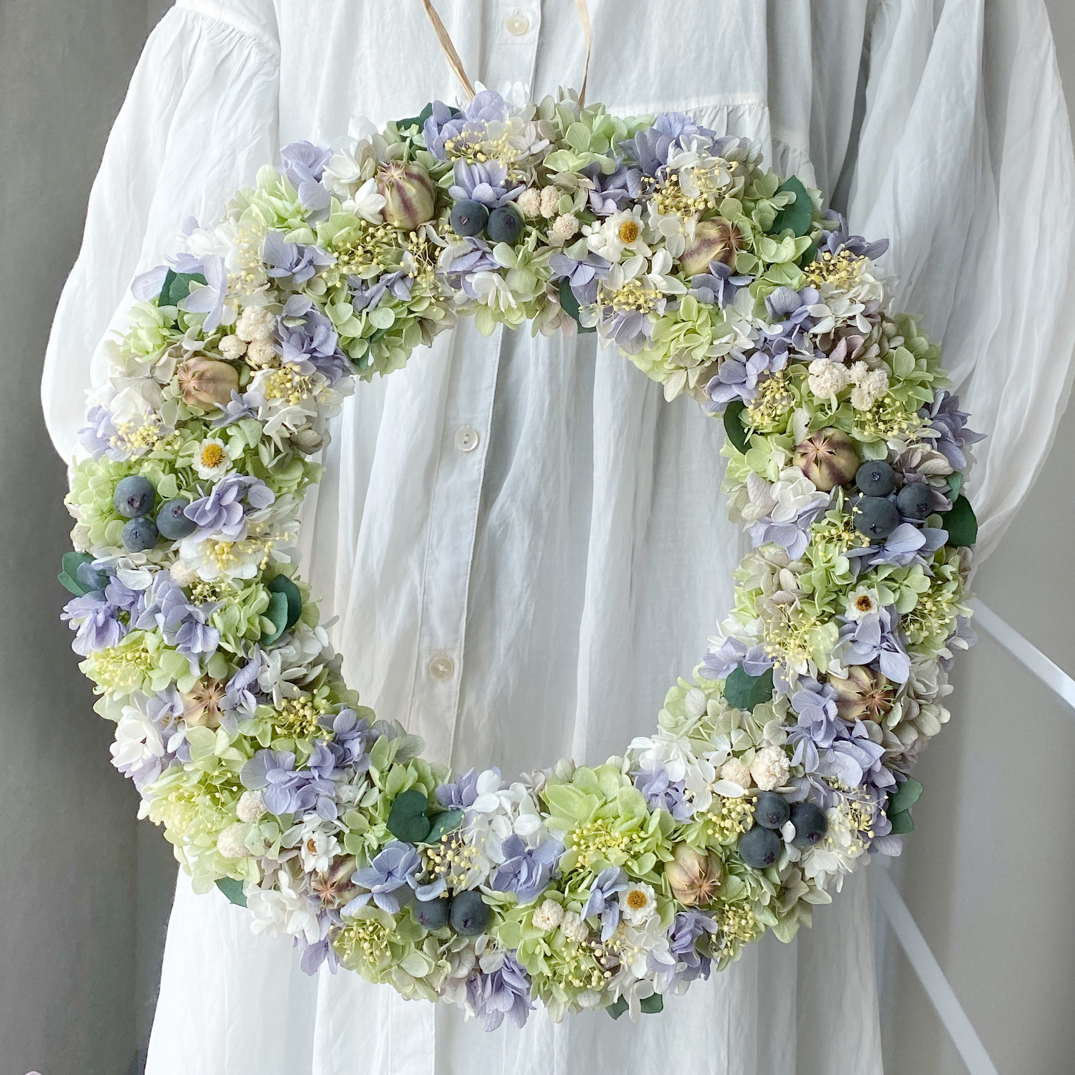 直径35cmユーカリのライムパープルリースXL　プリザーブドフラワー　ウェディング　結婚祝い　ウェルカムボード