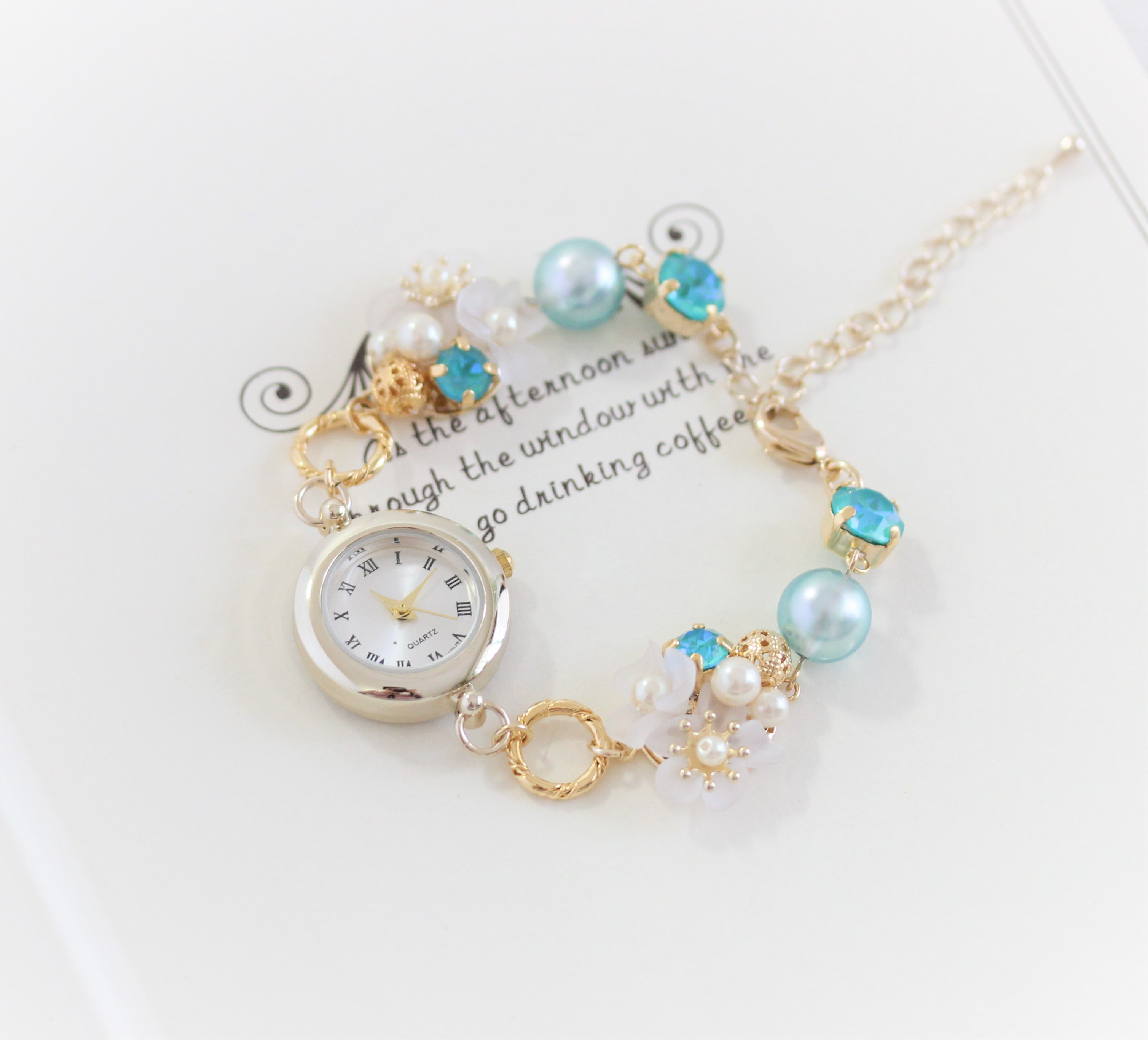 「受注生産」ドイツ製フラワー＆ブレスレットウォッチ（グリーン）