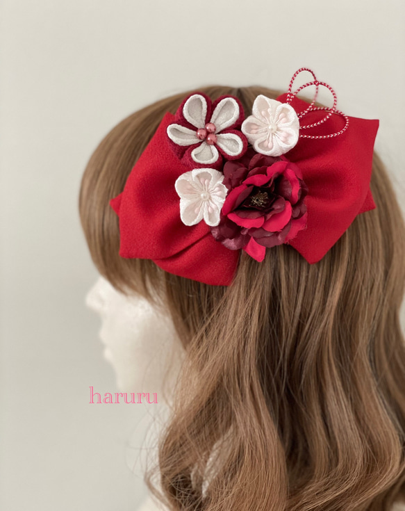 つまみ細工の髪飾り【赤ダブルリボンと赤花セット】成人式 振袖 卒業式  