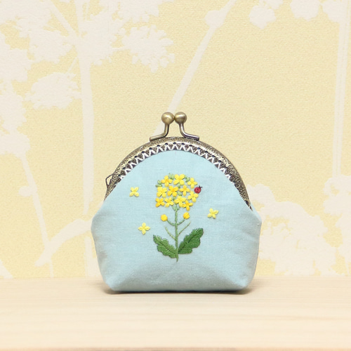 菜の花 刺繍 がま口 ミニポーチ 手刺繍 縫い付け がま口 Himirolis