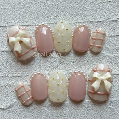 リボンチェック フレンチガーリー キルティング ネイルチップ ネイル