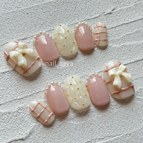 リボンチェック フレンチガーリー キルティング ネイルチップ ネイル  