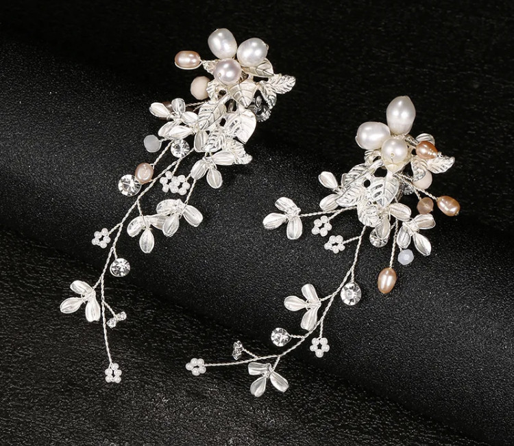 ウエディング イヤリング パール リーフ 小枝 シルバー ネジバネ式イヤリング