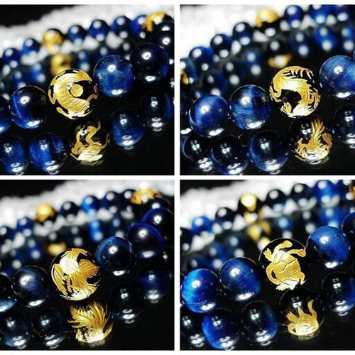 御守四神手彫り金箔オニキスエメラルドブルータイガーアイ数珠