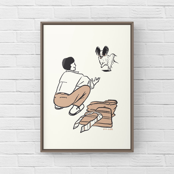 パピヨン【おかえり】A4ポスター　犬　ペット　イラスト　うちの子 2枚目の画像