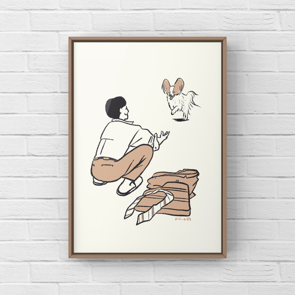 パピヨン【おかえり】A4ポスター　犬　ペット　イラスト　うちの子 1枚目の画像
