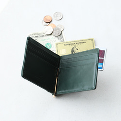 【BOX型小銭入れ付き】マネークリップ 薄型 カード6枚収納 本革 フラグメントケース / MC2 グリーン×グリーン 1枚目の画像