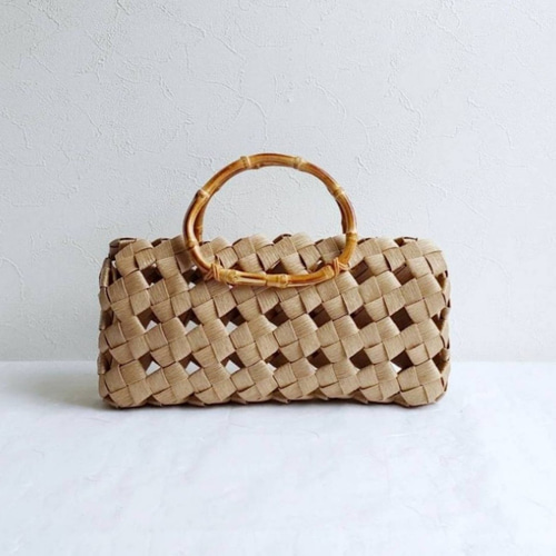 夏 涼やか 大人カゴバッグ M きなりbeige 竹ハンドル ギフト 着物 浴衣 
