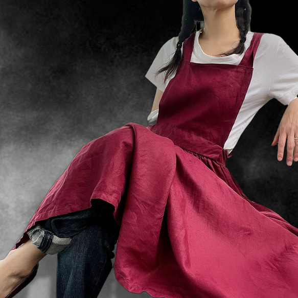 希少なボルドーカラーの麻 国産リネン100% マルチなとろみエプロン