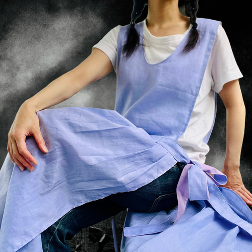 エプロンドレス　mishuri ホワイト リネン エプロン 洗いざらし リネン 100% プリーツ ドレスエプロン エプロン