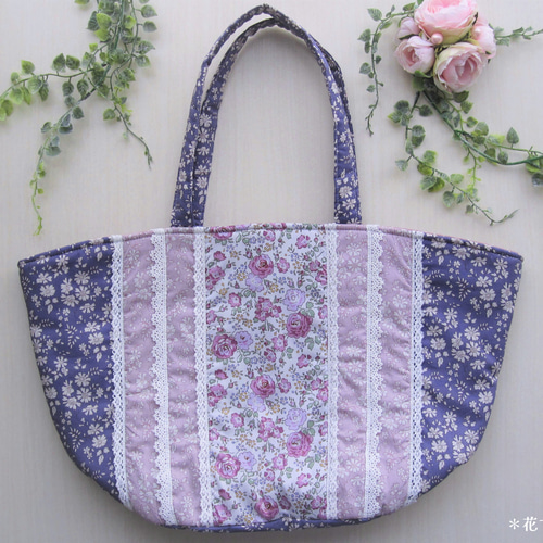 フラワーB ブルーグレイ ハンドメイドパッチワークバック(バラ、レース