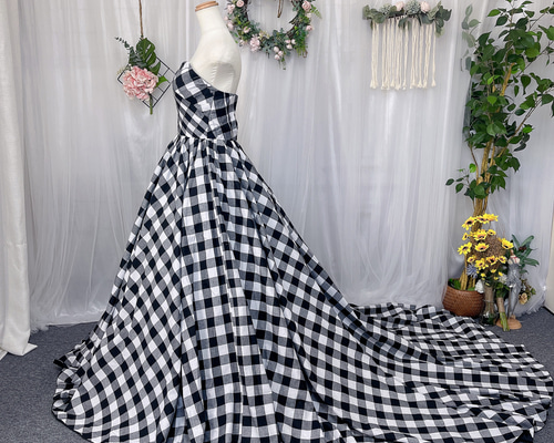 チェック柄カラードレス◆9号サイズ◆KOKI ギンガムチェック カラードレス ウェディングドレス トレーン付け