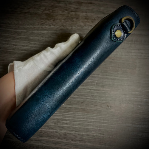 ヌメ革 本革 レザー 長財布 フラップ ハンドメイド Dカン ネイビー 牛革 革 アドバンレザー ヌメ革 本革 生成り レザー 長財布 フラップ Dカン