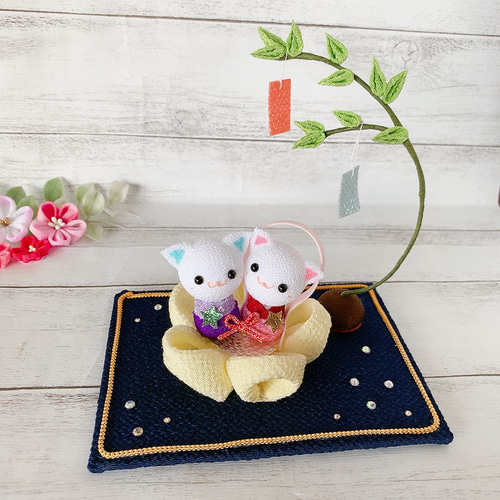 SOLD】七夕飾り 仲良しねこ ちりめん細工 織姫 彦星 七月七日 ネコ