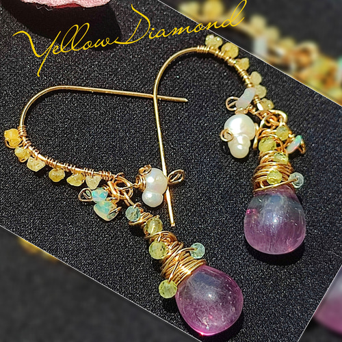 14kgf フローライトの蝶と天然石のピアス 14Kgf イエローダイヤモンド ラフ原石 フローライト ピアス』お出かけ