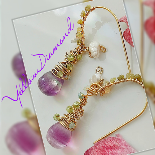 14Kgf イエローダイヤモンド ラフ原石 フローライト ピアス』お出かけ