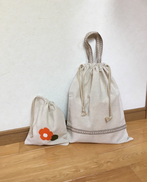 激安通販新作 リネンの巾着袋セット（大きい巾着、お着替え、シューズ用 財布・ケース・小物入れ