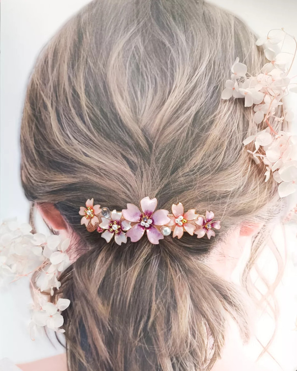 barrette　満開の桜　お花ブーケ ガラスのしずく【受注制作】 3枚目の画像