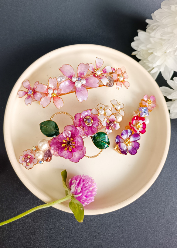 barrette　満開の桜　お花ブーケ ガラスのしずく【受注制作】 10枚目の画像