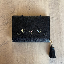 【訂做】迷你皮夾帶貓臉通行證盒，扁鼻版黑貓，牛軟鞣革，可改為口袋 第6張的照片
