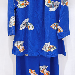 着物　パジャマ　青　紫　扇　地紙　藤　菊　牡丹　もみじ　和柄　和風　アップサイクル　シルク 1枚目の画像