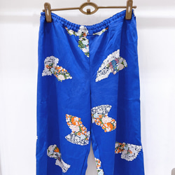 着物　パジャマ　青　紫　扇　地紙　藤　菊　牡丹　もみじ　和柄　和風　アップサイクル　シルク 4枚目の画像