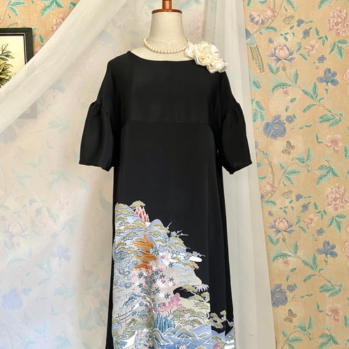 着物リメイク 黒留袖ドレス ハレの日 ギャザースリーブAライン
