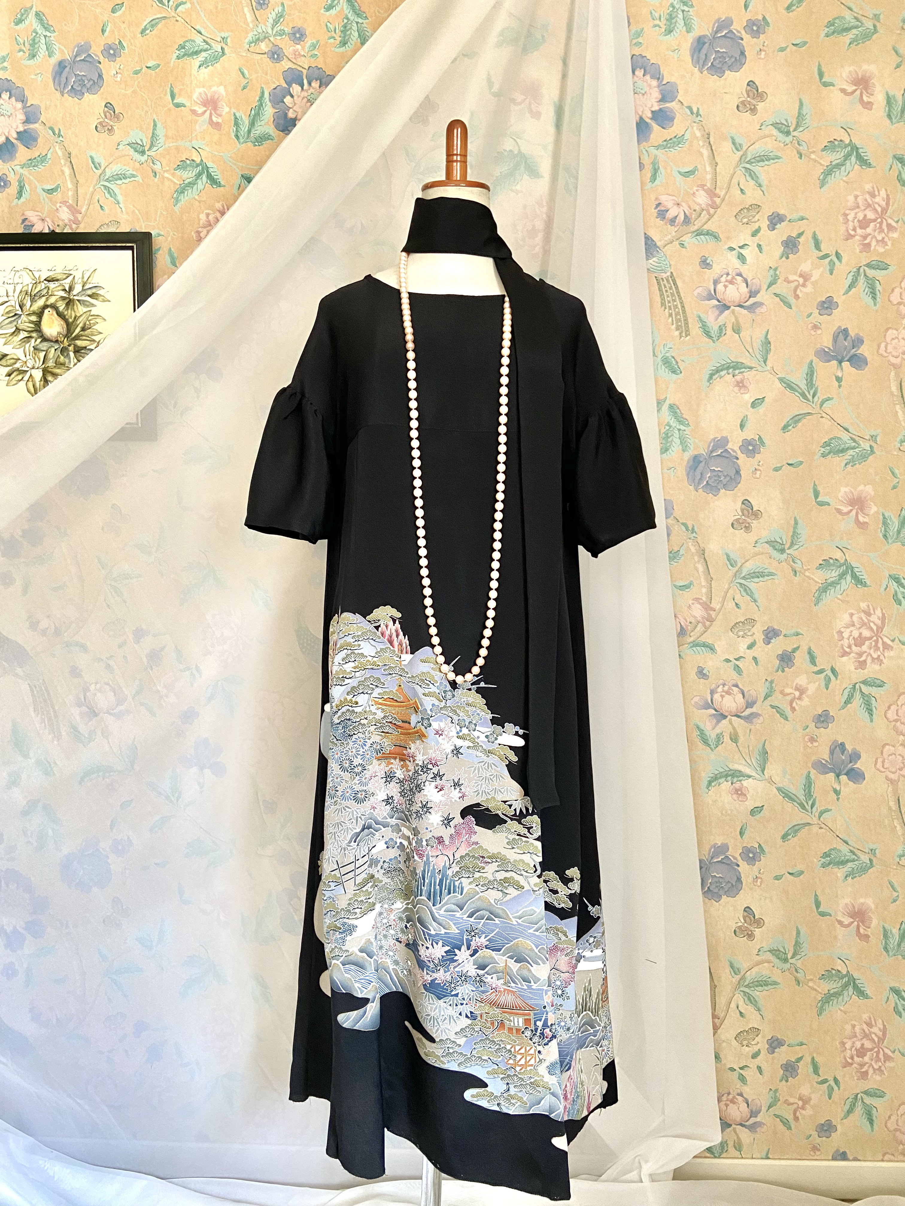 アメリカンスリーブ 着物リメイクワンピース 黒留袖 ロングドレス