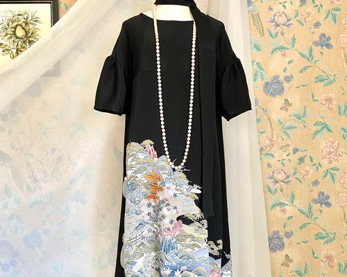 着物リメイク 黒留袖ドレス ハレの日 ギャザースリーブAライン