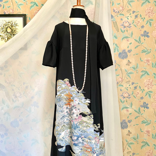 着物リメイク 黒留袖ドレス ハレの日 ギャザースリーブAライン