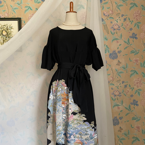 ピンクちゃん 黒留袖 リメイク 花柄ロングドレス ピンクちゃん様専用