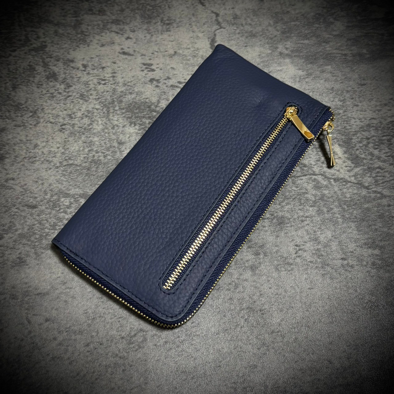 【超軽量＆大容量】 牛革 シュリンクレザー L字ファスナー 長財布 薄型 コンパクトカード12枚収納 本革 ネイビー 紺