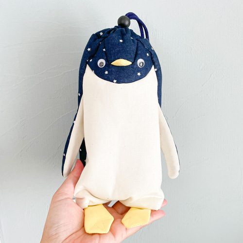 星空のぺんぎん着 Mサイズ ネイビー 【受注制作】 巾着 ペンケース 