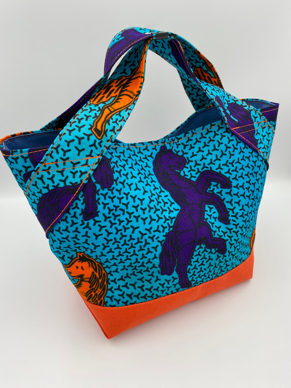 【受注製作】アフリカ布のミニトートバッグ　ターコイズ 3枚目の画像