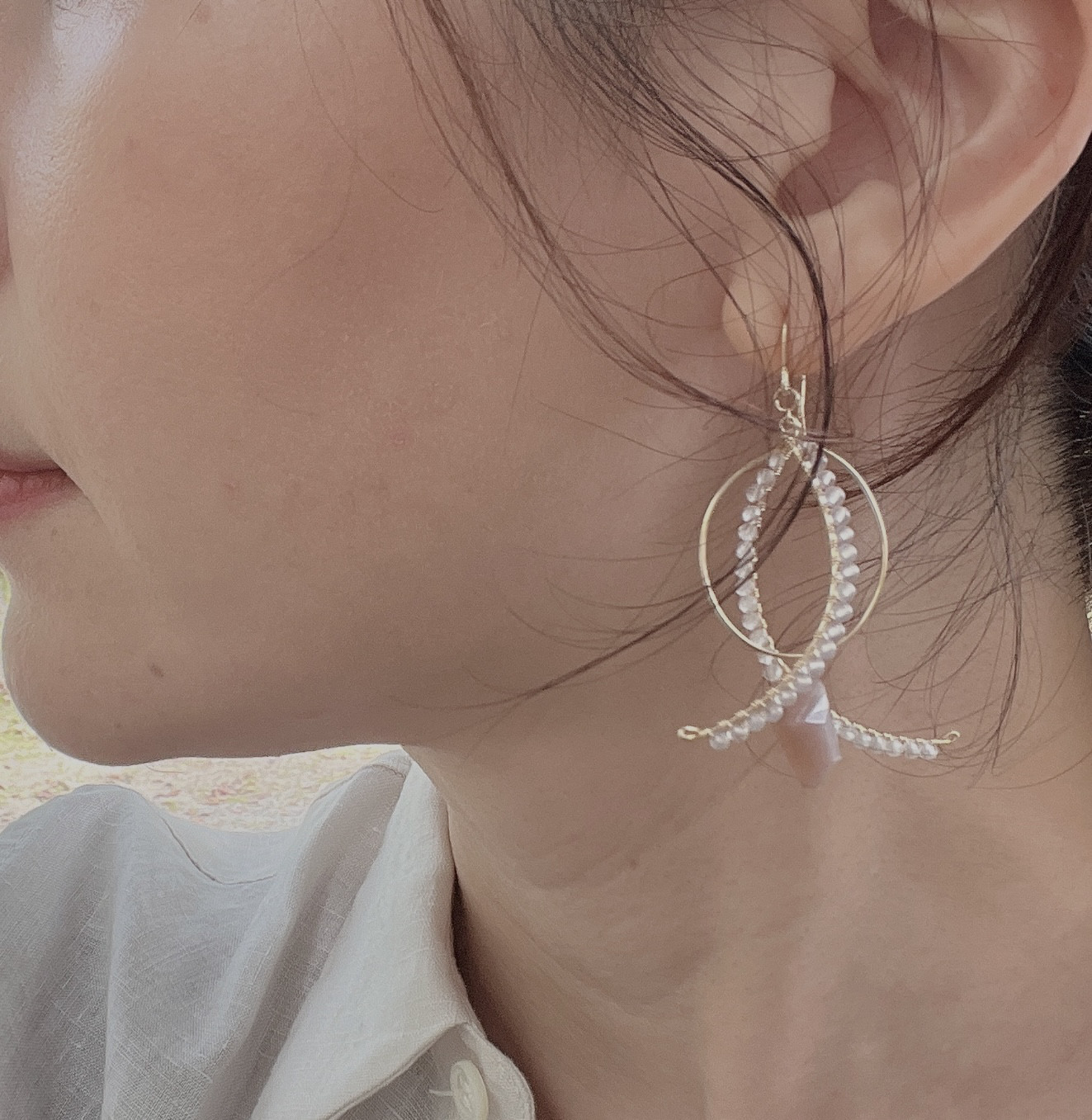 【再販】【6月誕生石】ニュアンスカラー　フックピアス／イヤリング《グレームーンストーン①》【テイルシリーズ】14kgf