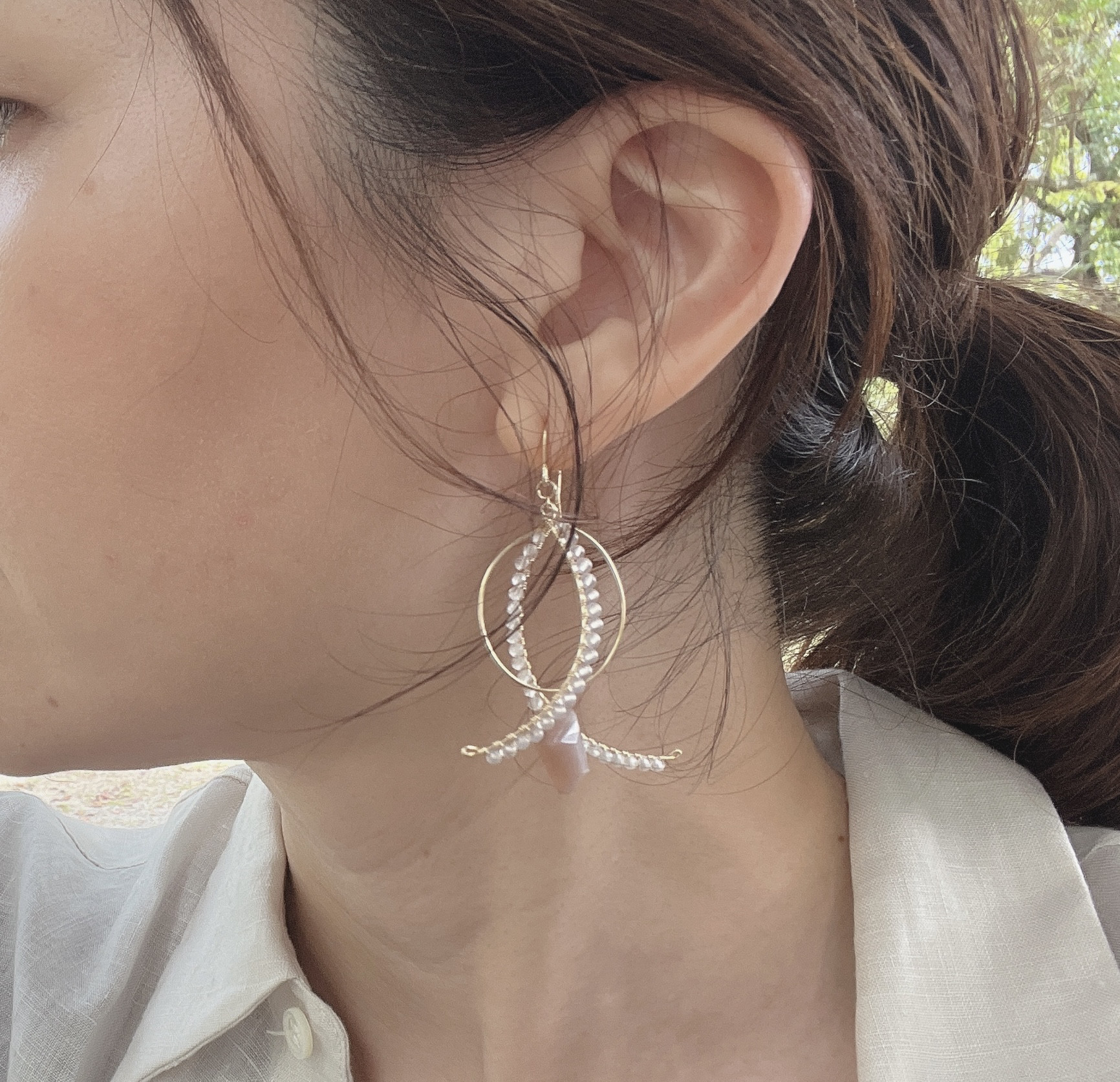 【再販】【6月誕生石】ニュアンスカラー　フックピアス／イヤリング《グレームーンストーン①》【テイルシリーズ】14kgf