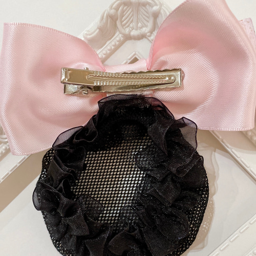 ドレス柄リボンとサテンリボンのシニヨンネット おだんごネット バレエ
