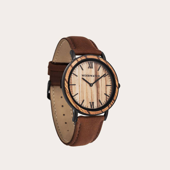 【訳ありお得！大幅お値引き】オランダから直輸入ウッドウォッチ木製腕時計 ライトブラウン40mm ゼブラ 1枚目の画像