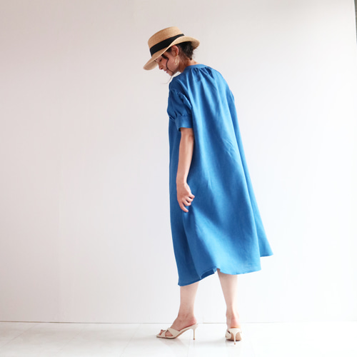 新色【ロイヤルブルー】フレンチリネン100％パフスリーブボリューム