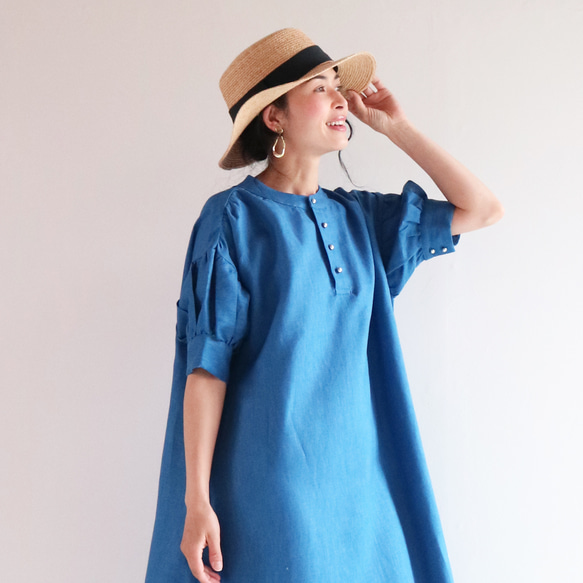 新色【寶藍色】100%法國亞麻泡泡袖捲裙♥ 第4張的照片
